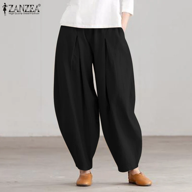 ZANZEA Summer Elastic Waist Solid Trousers Women Casual Baggy Pants Elegant Loose Wide Leg Pantalon Vintage Cotton Turnip 2024