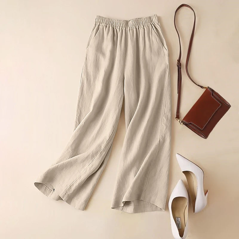 ZANZEA-Summer Women Pants Cotton Linen Elastic Waist Wide-Leg Trousers Casual Lightweight Solid Palazzo Pantalones Woman Bottoms