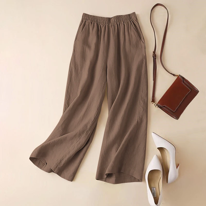 ZANZEA-Summer Women Pants Cotton Linen Elastic Waist Wide-Leg Trousers Casual Lightweight Solid Palazzo Pantalones Woman Bottoms