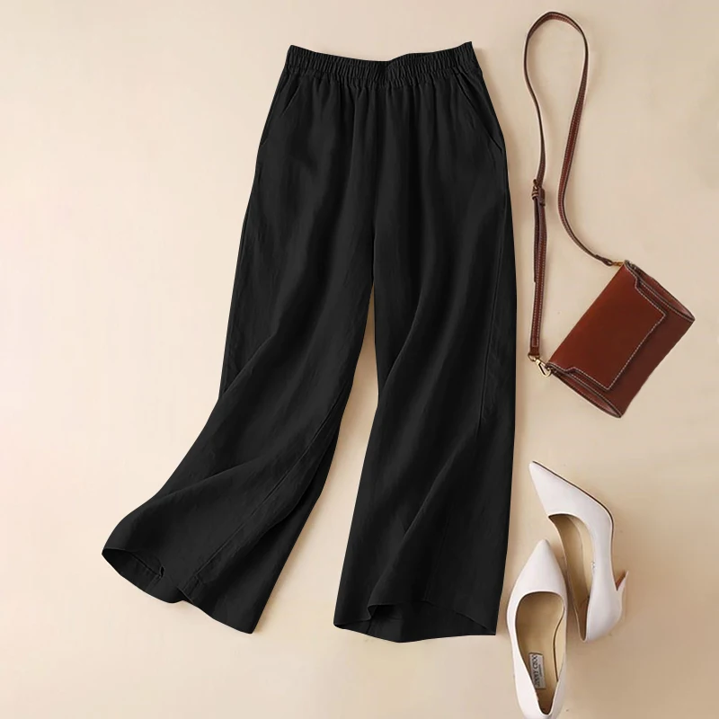 ZANZEA-Summer Women Pants Cotton Linen Elastic Waist Wide-Leg Trousers Casual Lightweight Solid Palazzo Pantalones Woman Bottoms