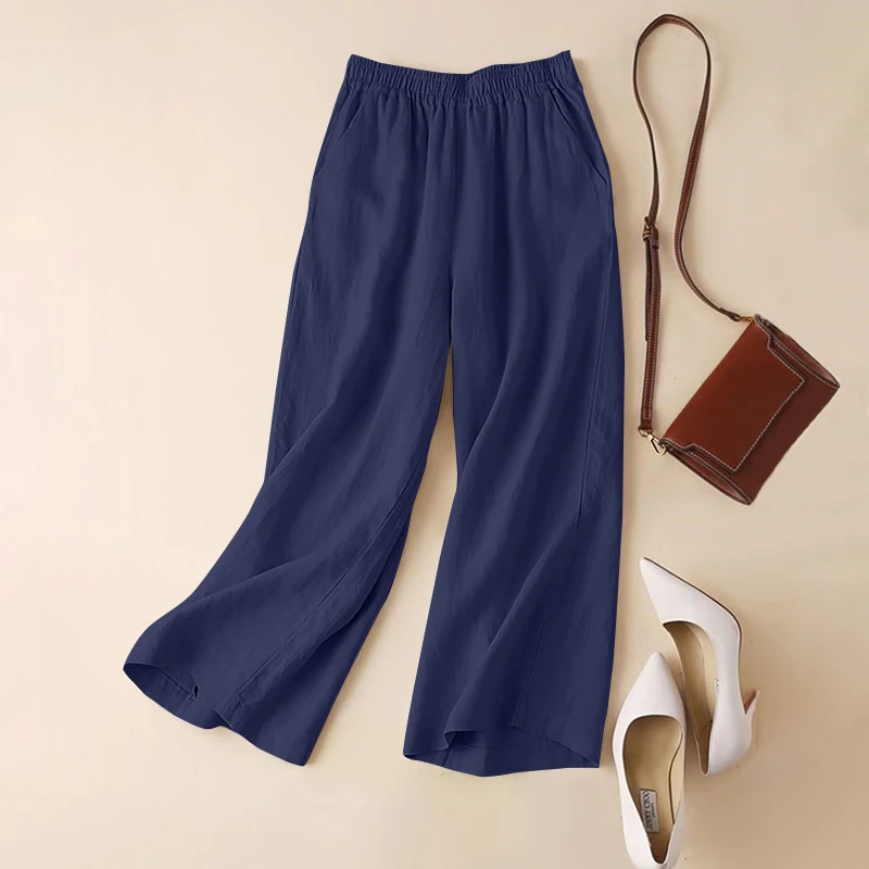 ZANZEA-Summer Women Pants Cotton Linen Elastic Waist Wide-Leg Trousers Casual Lightweight Solid Palazzo Pantalones Woman Bottoms