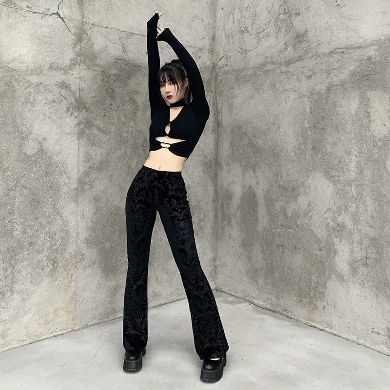 AltGoth Vintage Dark Gothic Velevt Pants Women Streetwear Harajuku High Waist Solid Color Black Casual Flare Pants Female Y2k