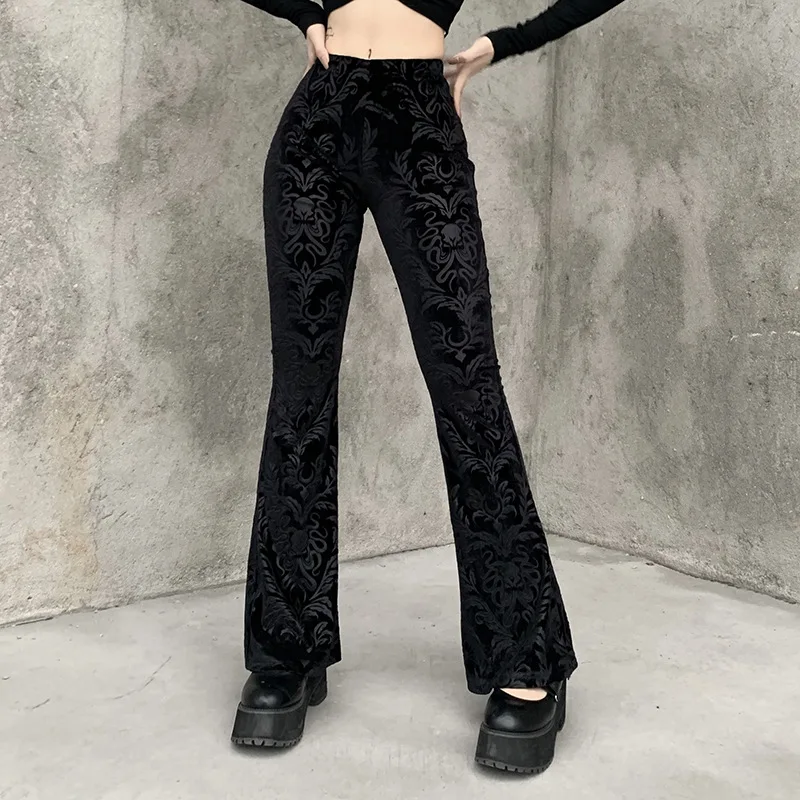 AltGoth Vintage Dark Gothic Velevt Pants Women Streetwear Harajuku High Waist Solid Color Black Casual Flare Pants Female Y2k