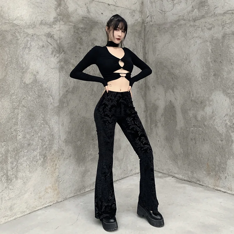 AltGoth Vintage Dark Gothic Velevt Pants Women Streetwear Harajuku High Waist Solid Color Black Casual Flare Pants Female Y2k