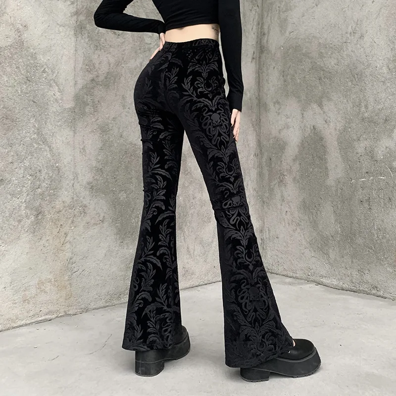 AltGoth Vintage Dark Gothic Velevt Pants Women Streetwear Harajuku High Waist Solid Color Black Casual Flare Pants Female Y2k