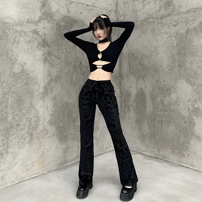 AltGoth Vintage Dark Gothic Velevt Pants Women Streetwear Harajuku High Waist Solid Color Black Casual Flare Pants Female Y2k