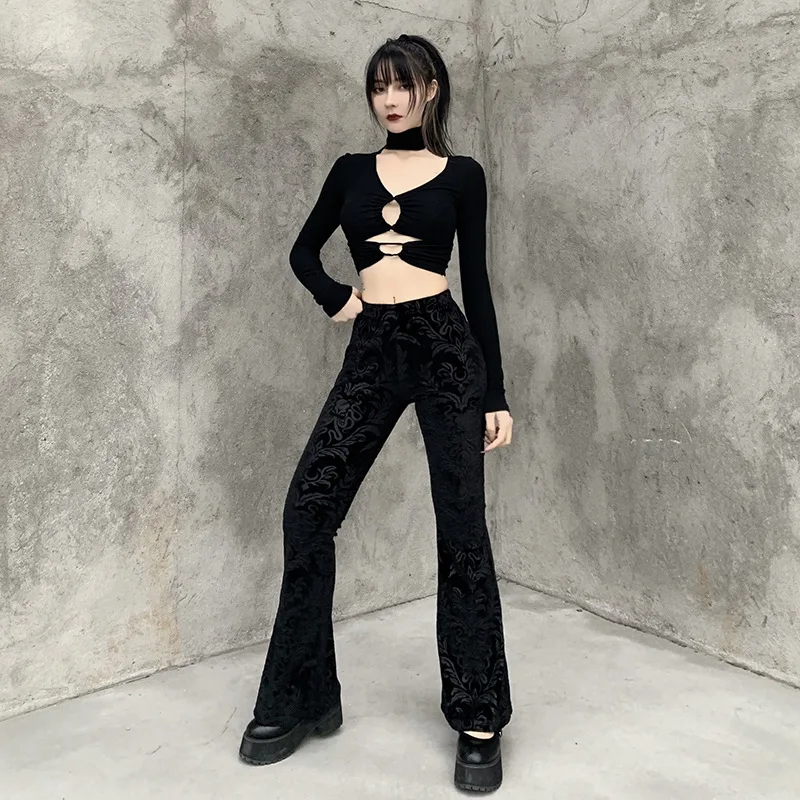 AltGoth Vintage Dark Gothic Velevt Pants Women Streetwear Harajuku High Waist Solid Color Black Casual Flare Pants Female Y2k
