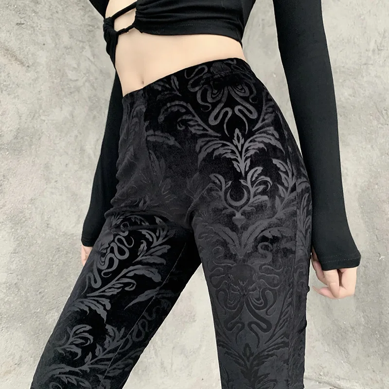 AltGoth Vintage Dark Gothic Velevt Pants Women Streetwear Harajuku High Waist Solid Color Black Casual Flare Pants Female Y2k
