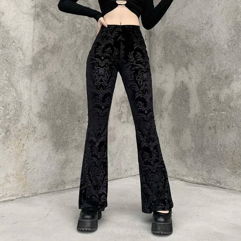 AltGoth Vintage Dark Gothic Velevt Pants Women Streetwear Harajuku High Waist Solid Color Black Casual Flare Pants Female Y2k