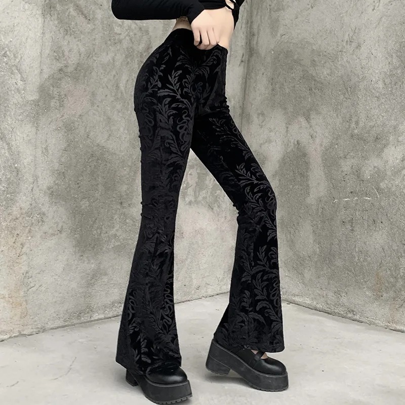 AltGoth Vintage Dark Gothic Velevt Pants Women Streetwear Harajuku High Waist Solid Color Black Casual Flare Pants Female Y2k