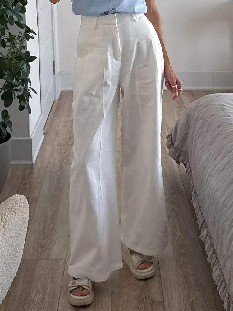 Summer White Pants For Women Cotton Formal High Waist Wide Leg Trousers Ladies Elegant Summer Women's Pants Straight Leg Office