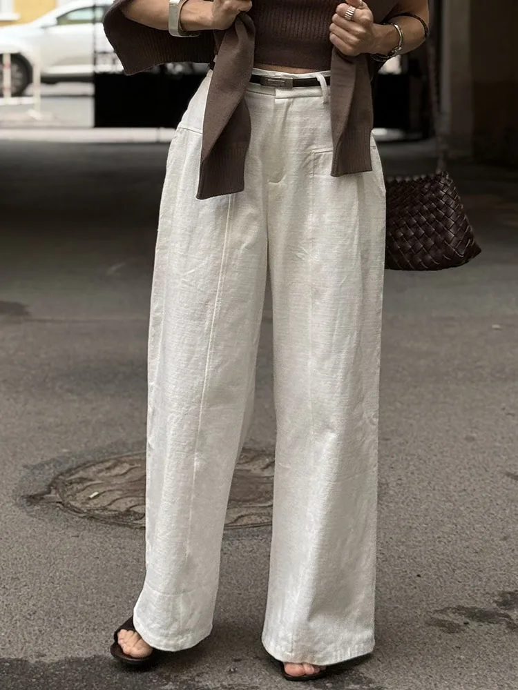 Summer White Pants For Women Cotton Formal High Waist Wide Leg Trousers Ladies Elegant Summer Women's Pants Straight Leg Office