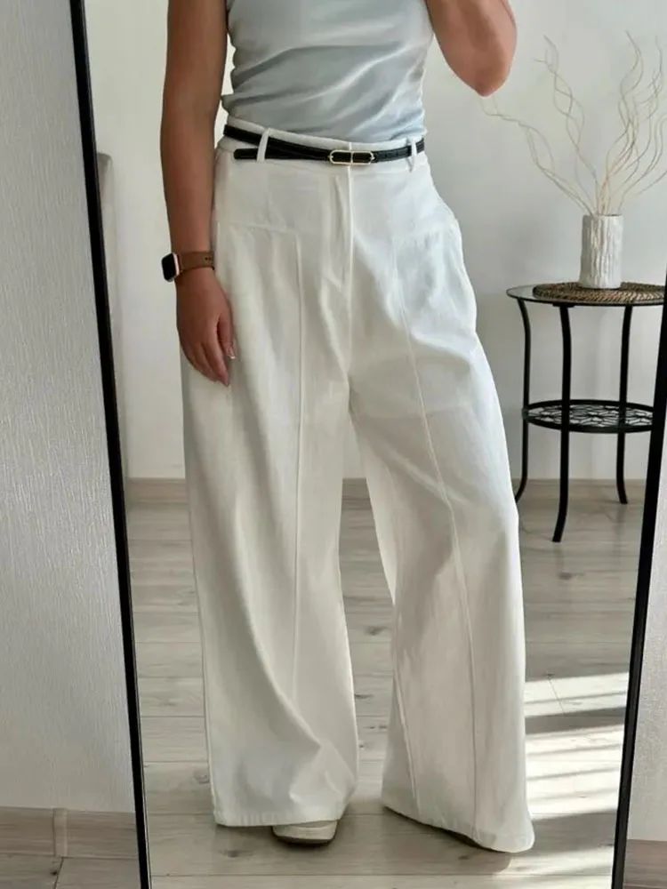 Summer White Pants For Women Cotton Formal High Waist Wide Leg Trousers Ladies Elegant Summer Women's Pants Straight Leg Office