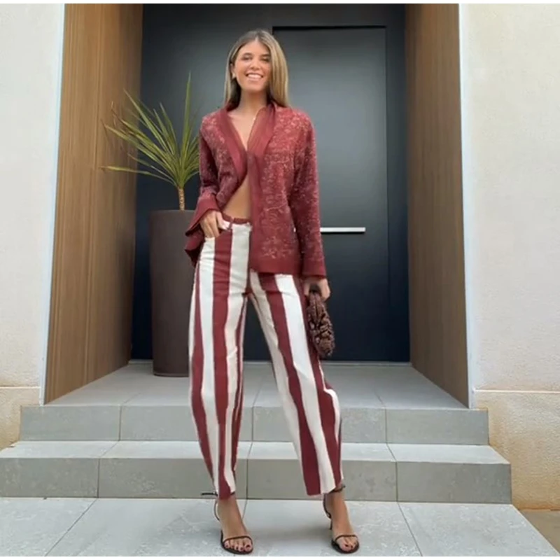 Vintage Stripe Women's Pants Casual Y2k Red Loose Sickle‑shaped Trousers Lady New Street Spring Summer Clothing 2026