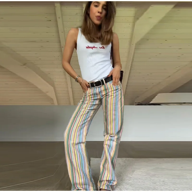 Vintage Stripe Women's Pants Casual Y2k Red Loose Sickle‑shaped Trousers Lady New Street Spring Summer Clothing 2026