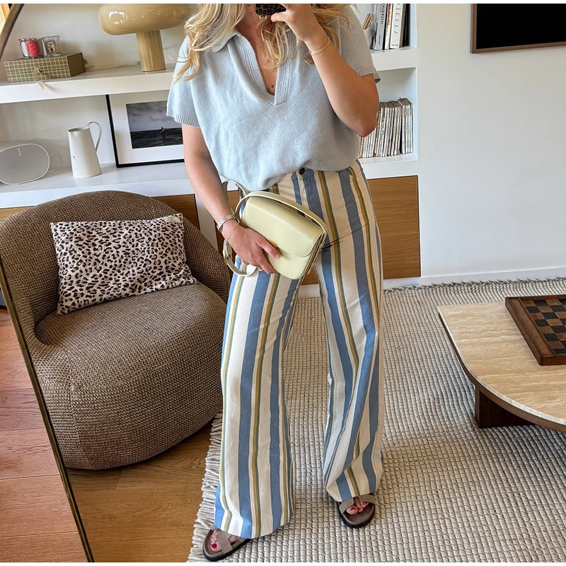 Vintage Stripe Women's Pants Casual Y2k Red Loose Sickle‑shaped Trousers Lady New Street Spring Summer Clothing 2026