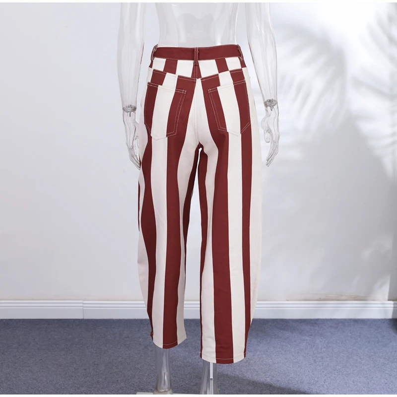 Vintage Stripe Women's Pants Casual Y2k Red Loose Sickle‑shaped Trousers Lady New Street Spring Summer Clothing 2026