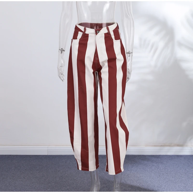 Vintage Stripe Women's Pants Casual Y2k Red Loose Sickle‑shaped Trousers Lady New Street Spring Summer Clothing 2026