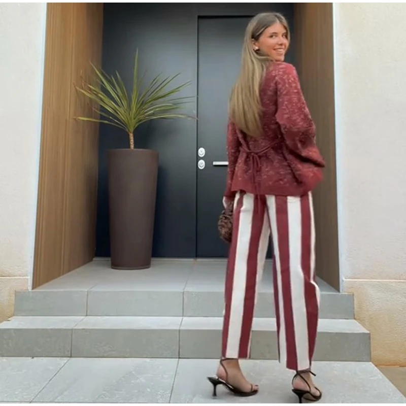 Vintage Stripe Women's Pants Casual Y2k Red Loose Sickle‑shaped Trousers Lady New Street Spring Summer Clothing 2026