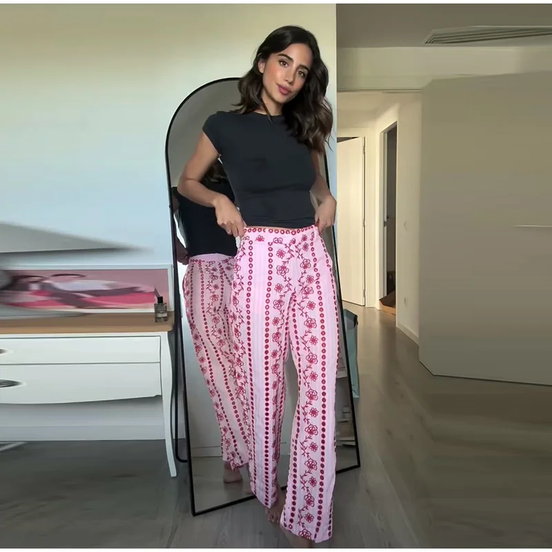 Vintage Stripe Women's Pants Casual Y2k Red Loose Sickle‑shaped Trousers Lady New Street Spring Summer Clothing 2026