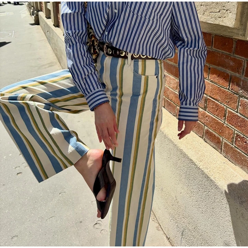 Vintage Stripe Women's Pants Casual Y2k Red Loose Sickle‑shaped Trousers Lady New Street Spring Summer Clothing 2026