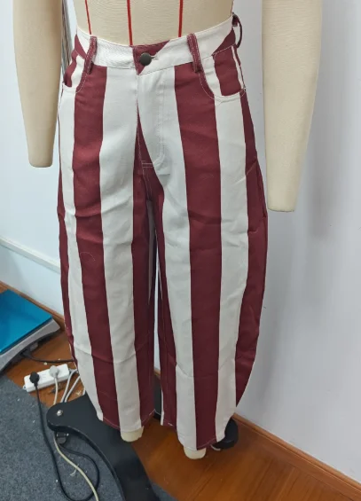 Vintage Stripe Women's Pants Casual Y2k Red Loose Sickle‑shaped Trousers Lady New Street Spring Summer Clothing 2026