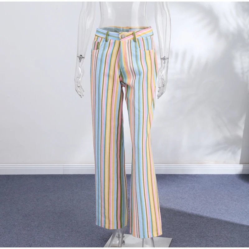 Vintage Stripe Women's Pants Casual Y2k Red Loose Sickle‑shaped Trousers Lady New Street Spring Summer Clothing 2026