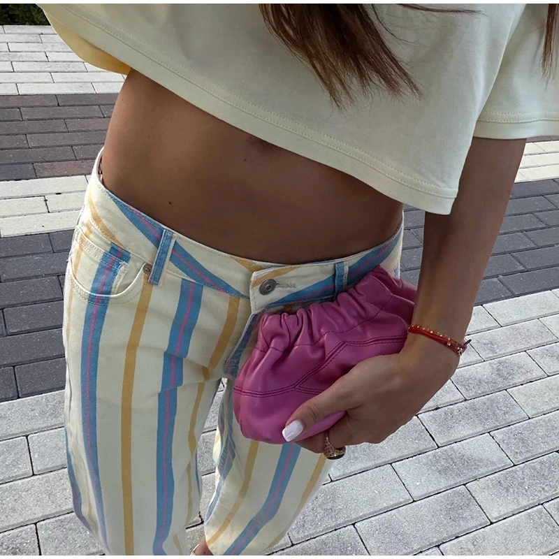 Vintage Stripe Women's Pants Casual Y2k Red Loose Sickle‑shaped Trousers Lady New Street Spring Summer Clothing 2026