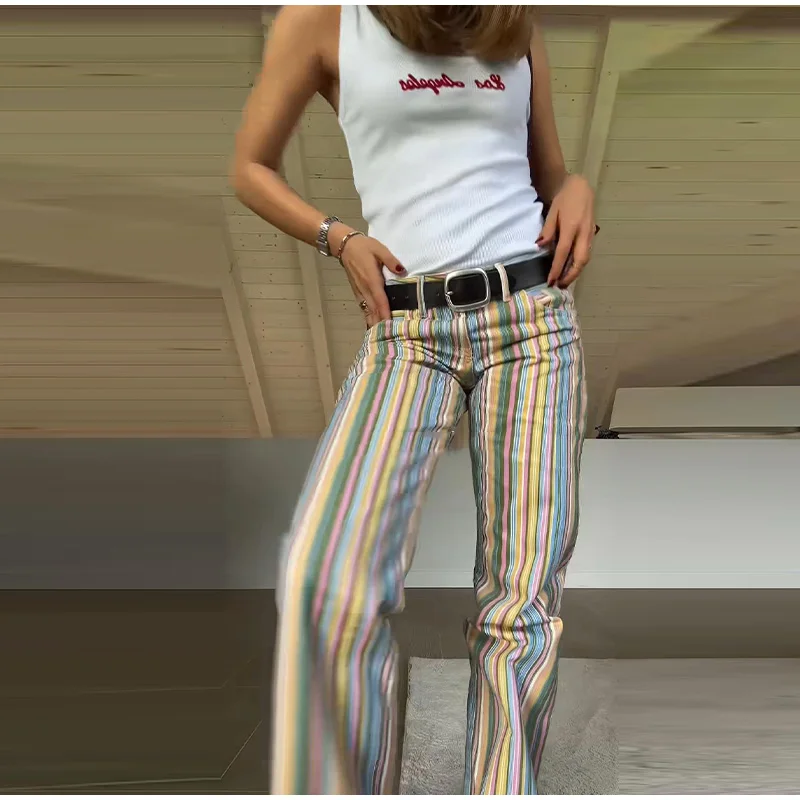 Vintage Stripe Women's Pants Casual Y2k Red Loose Sickle‑shaped Trousers Lady New Street Spring Summer Clothing 2026