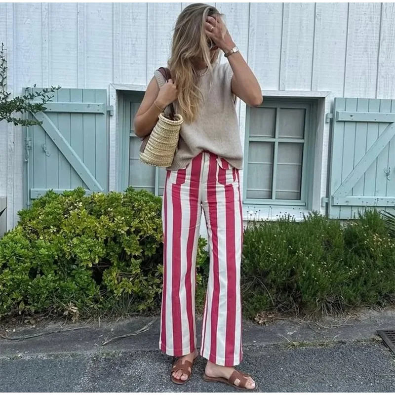 Vintage Stripe Women's Pants Casual Y2k Red Loose Sickle‑shaped Trousers Lady New Street Spring Summer Clothing 2026