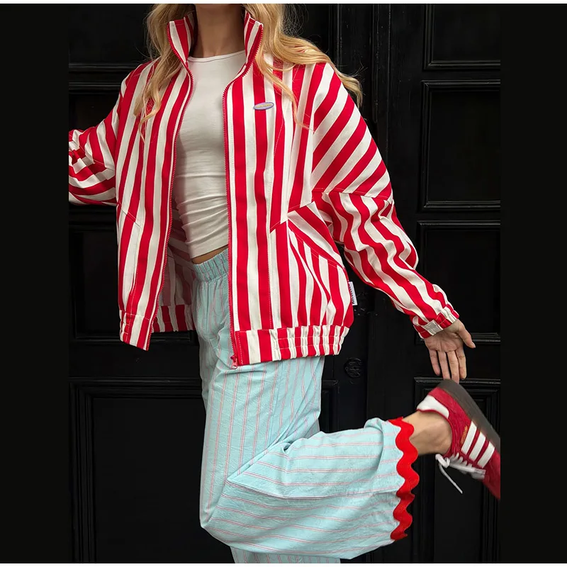 Casual Wavy Hem Women's Pant Striped Elastic Waist Big Pocket Wide Leg Pants 2026 Summer Autumn Fashion Female Trousers Bottoms
