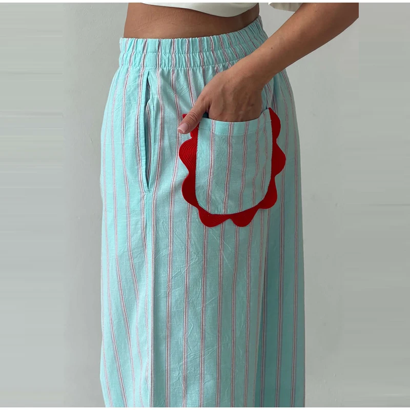 Casual Wavy Hem Women's Pant Striped Elastic Waist Big Pocket Wide Leg Pants 2026 Summer Autumn Fashion Female Trousers Bottoms