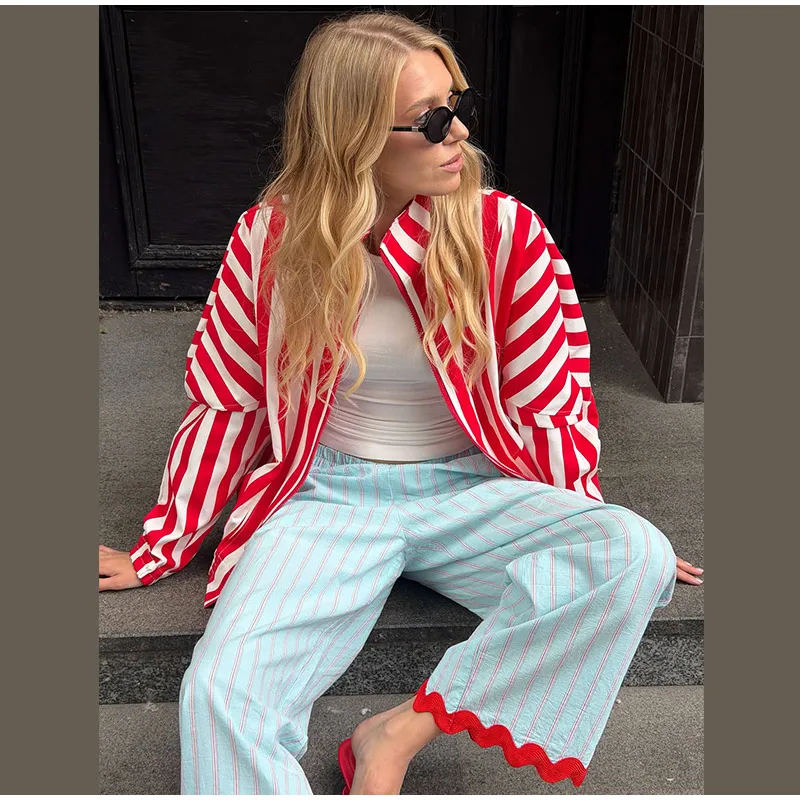 Casual Wavy Hem Women's Pant Striped Elastic Waist Big Pocket Wide Leg Pants 2026 Summer Autumn Fashion Female Trousers Bottoms