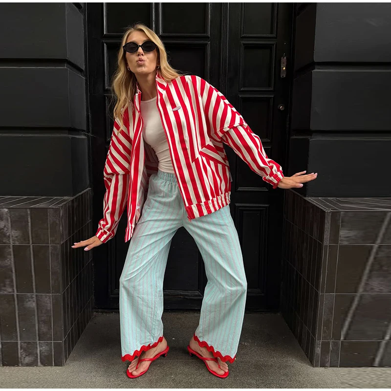 Casual Wavy Hem Women's Pant Striped Elastic Waist Big Pocket Wide Leg Pants 2026 Summer Autumn Fashion Female Trousers Bottoms