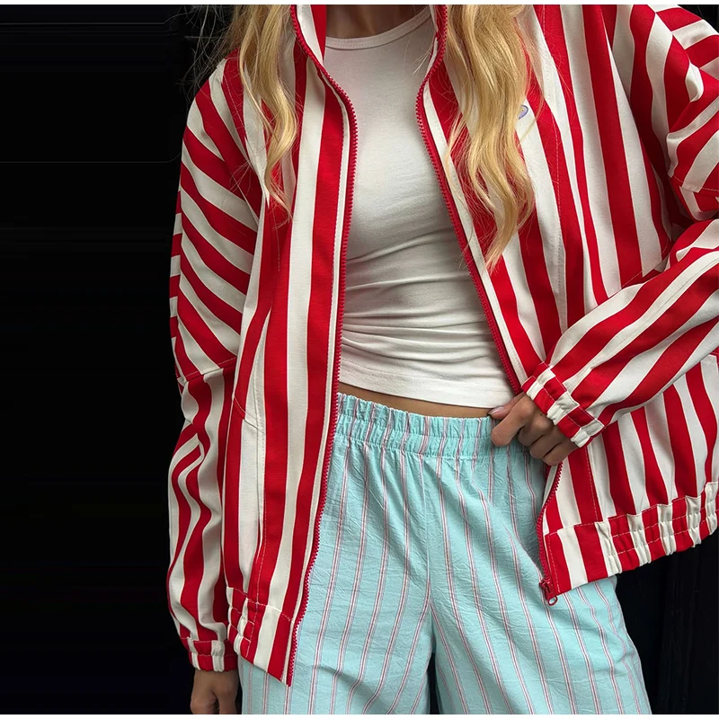 Casual Wavy Hem Women's Pant Striped Elastic Waist Big Pocket Wide Leg Pants 2026 Summer Autumn Fashion Female Trousers Bottoms