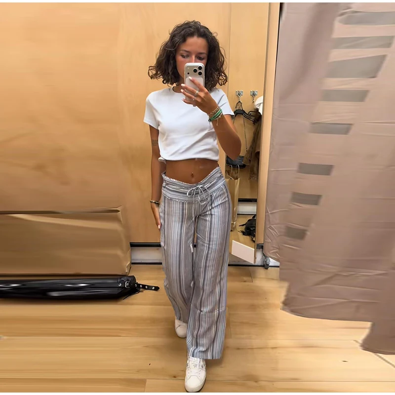 Striped Women Pants Vertical Striped Wide Leg Pants Elastic Waist Casual Pants Draped Straight Leg Pants Daily Fashion Outfit