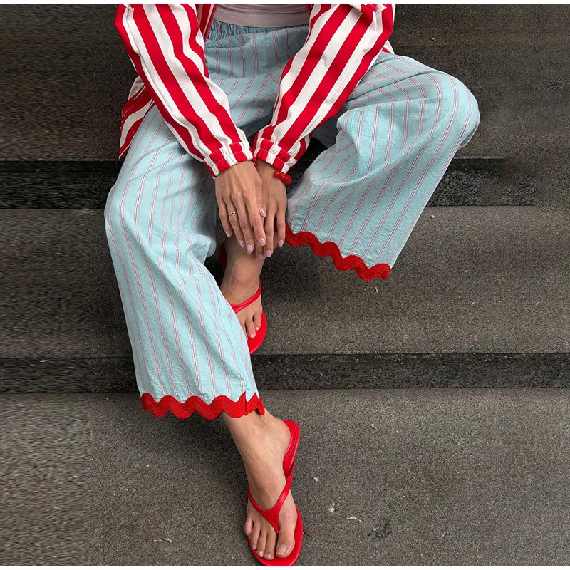Striped Women Pants Vertical Striped Wide Leg Pants Elastic Waist Casual Pants Draped Straight Leg Pants Daily Fashion Outfit