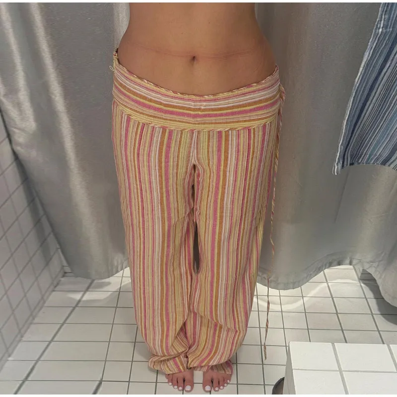 Striped Women Pants Vertical Striped Wide Leg Pants Elastic Waist Casual Pants Draped Straight Leg Pants Daily Fashion Outfit
