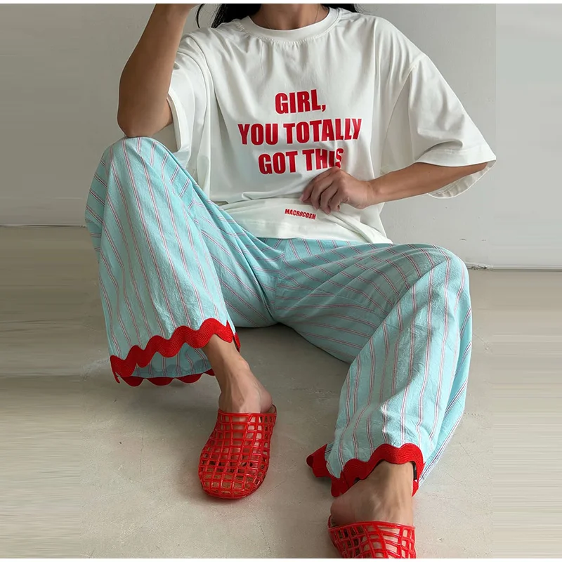 Striped Women Pants Vertical Striped Wide Leg Pants Elastic Waist Casual Pants Draped Straight Leg Pants Daily Fashion Outfit