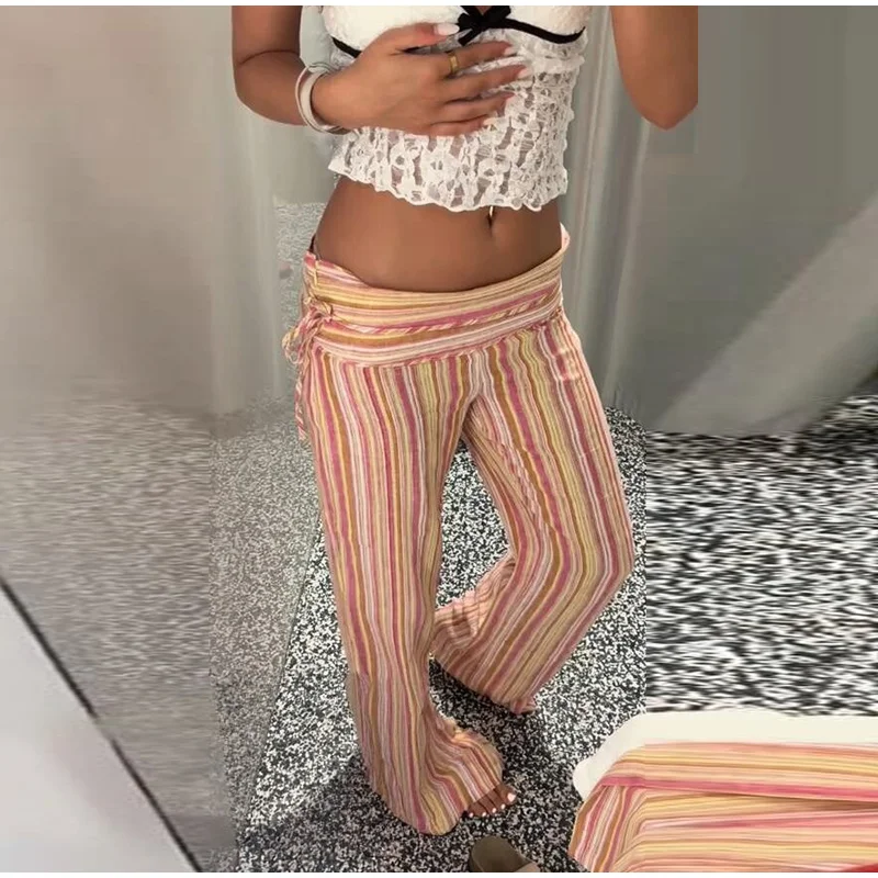 Striped Women Pants Vertical Striped Wide Leg Pants Elastic Waist Casual Pants Draped Straight Leg Pants Daily Fashion Outfit