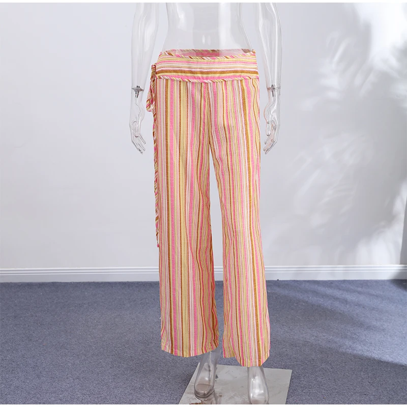 Striped Women Pants Vertical Striped Wide Leg Pants Elastic Waist Casual Pants Draped Straight Leg Pants Daily Fashion Outfit