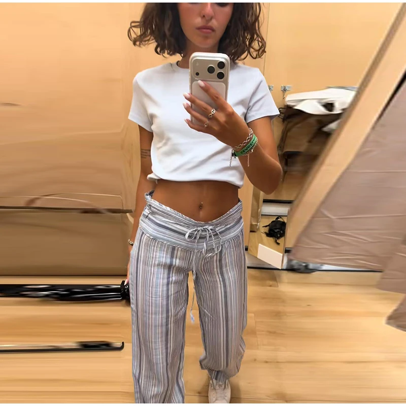 Striped Women Pants Vertical Striped Wide Leg Pants Elastic Waist Casual Pants Draped Straight Leg Pants Daily Fashion Outfit