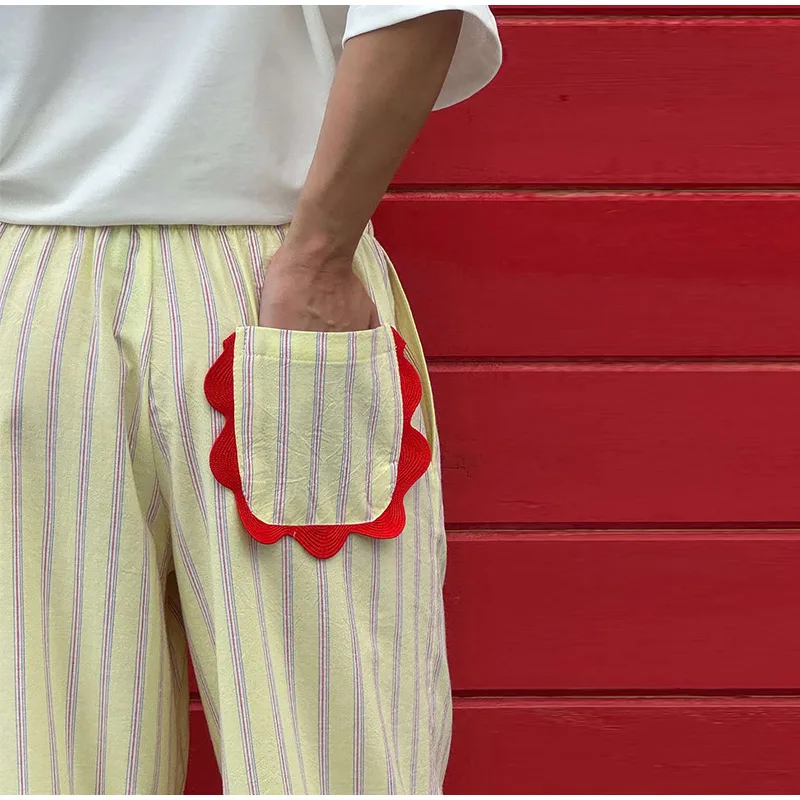 Striped Women Pants Vertical Striped Wide Leg Pants Elastic Waist Casual Pants Draped Straight Leg Pants Daily Fashion Outfit