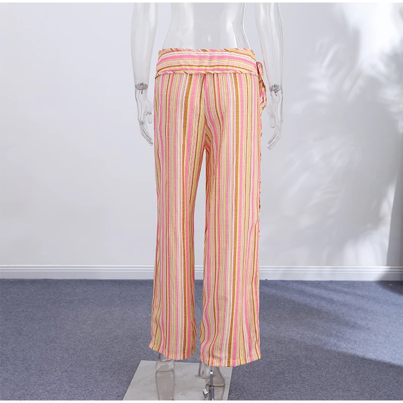 Striped Women Pants Vertical Striped Wide Leg Pants Elastic Waist Casual Pants Draped Straight Leg Pants Daily Fashion Outfit