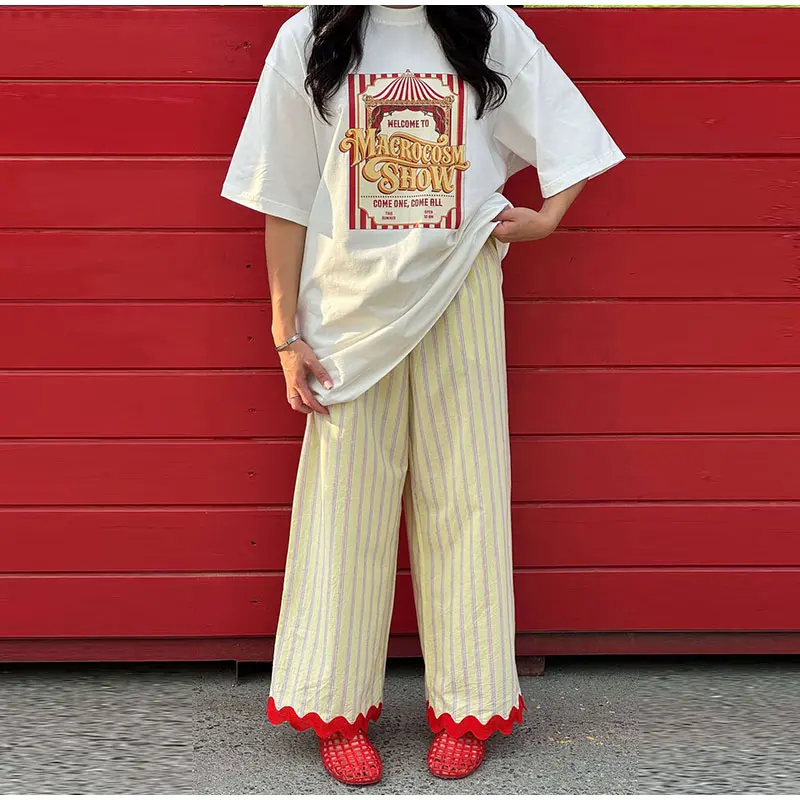 Striped Women Pants Vertical Striped Wide Leg Pants Elastic Waist Casual Pants Draped Straight Leg Pants Daily Fashion Outfit