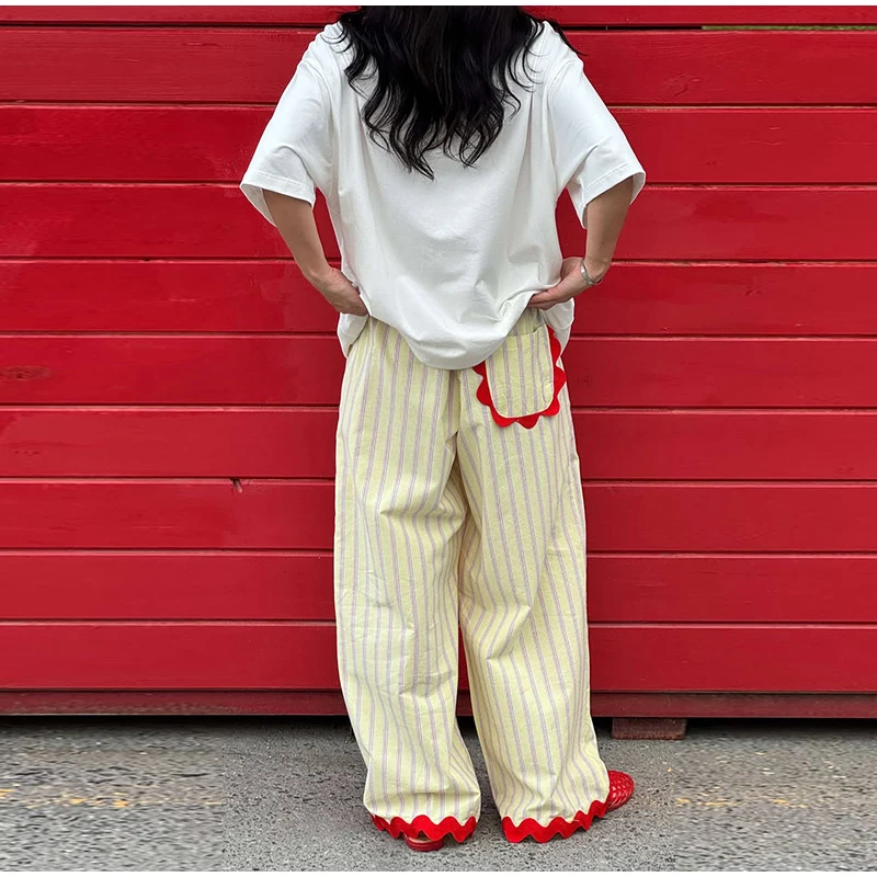 Striped Women Pants Vertical Striped Wide Leg Pants Elastic Waist Casual Pants Draped Straight Leg Pants Daily Fashion Outfit