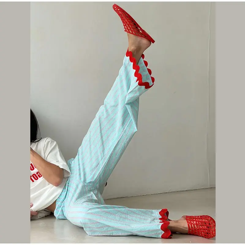 Striped Women Pants Vertical Striped Wide Leg Pants Elastic Waist Casual Pants Draped Straight Leg Pants Daily Fashion Outfit