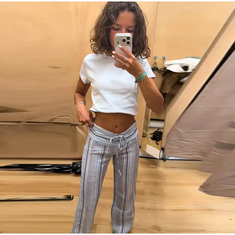 Striped Women Pants Vertical Striped Wide Leg Pants Elastic Waist Casual Pants Draped Straight Leg Pants Daily Fashion Outfit