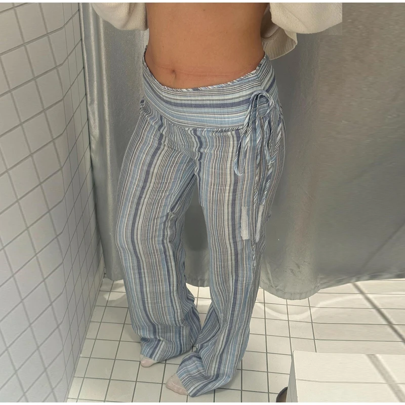 Striped Women Pants Vertical Striped Wide Leg Pants Elastic Waist Casual Pants Draped Straight Leg Pants Daily Fashion Outfit