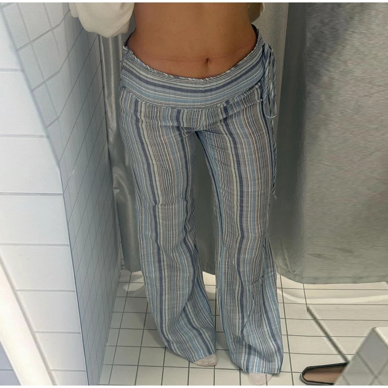 Striped Women Pants Vertical Striped Wide Leg Pants Elastic Waist Casual Pants Draped Straight Leg Pants Daily Fashion Outfit